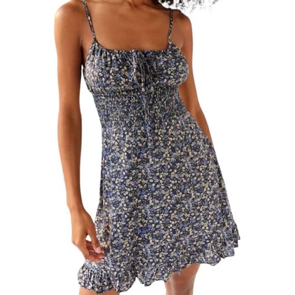 Urban Outfitters Dress Forum Orange White Gingham Smocked Mini Dress - M - Picture 1 of 11